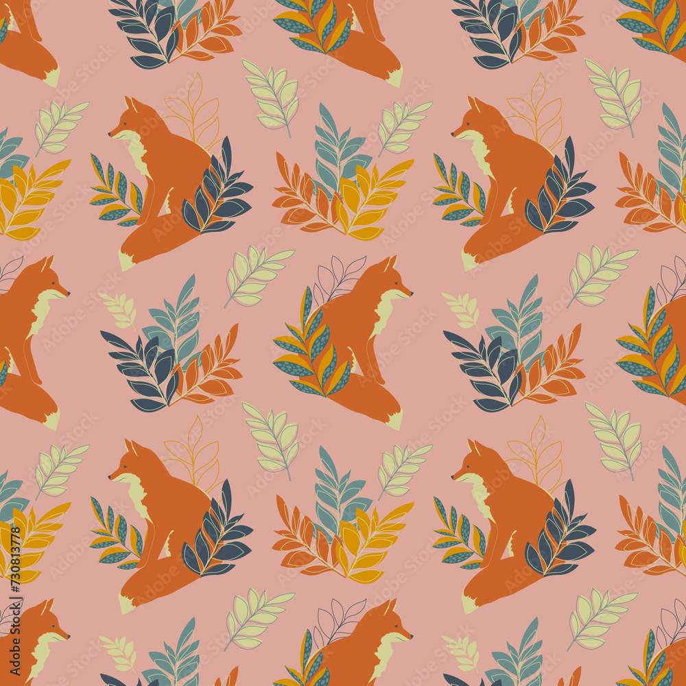 Red fox sits in fantasy branches with leaves and forms a seamless pattern for textiles. Red fox sits in fantasy branches with leaves and forms a seamless pattern for textiles.