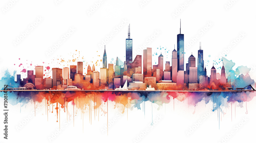Fototapeta premium Chicago City Skyline Panorama Isolated on White Background Illustration