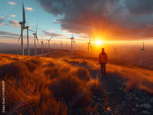an engineer stands near of a Wind Generator and looks at a beautiful sunset landscape