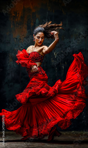 Beautiful Spirited Spanish Woman Dancing Flamenco with a Beautiful Dress Traditional Spain Folklore Wallpaper Digital Art Magazine Background Poster Card © Korea Saii