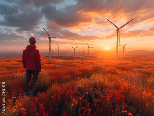 an engineer stands near of a Wind Generator and looks at a beautiful sunset landscape