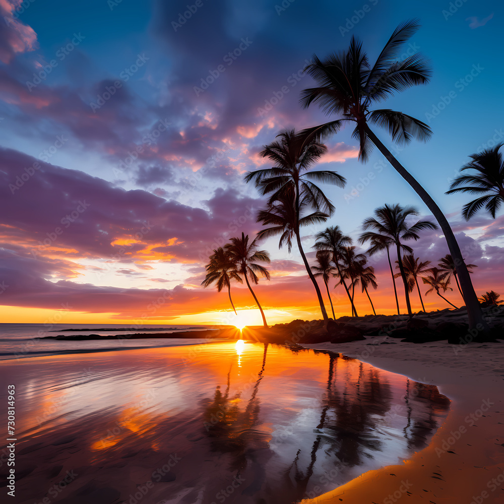 Serene beach sunset with palm trees 