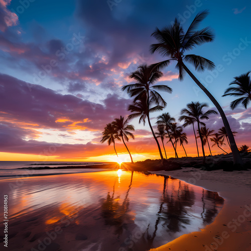 Serene beach sunset with palm trees  © Cao