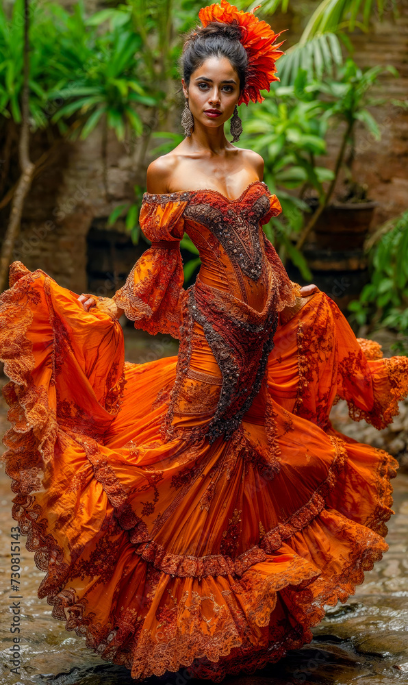 Fototapeta premium Beautiful Spirited Spanish Woman Dancing Flamenco with a Beautiful Dress Traditional Spain Folklore Wallpaper Digital Art Magazine Background Poster Card