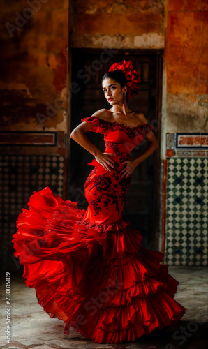 Beautiful Spirited Spanish Woman Dancing Flamenco with a Beautiful Dress Traditional Spain Folklore Wallpaper Digital Art Magazine Background Poster Card