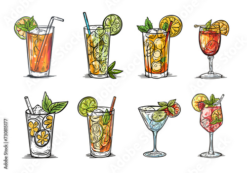 Different drink cocktail set. Hand drawn colorful in cartoon style vector collection.