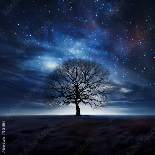 Starry night sky with a silhouette of a lone tree.