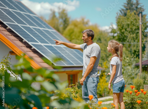 Father showing daughter solar panels at home