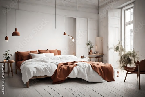 Timeless bedroom in white and terracotta, combining simplicity and warmth in a Scandinavian design aesthetic.