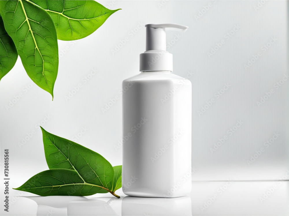 White cosmetic bottle with green leave on WHITE background. White cosmetic bottle with green leave on WHITE background.