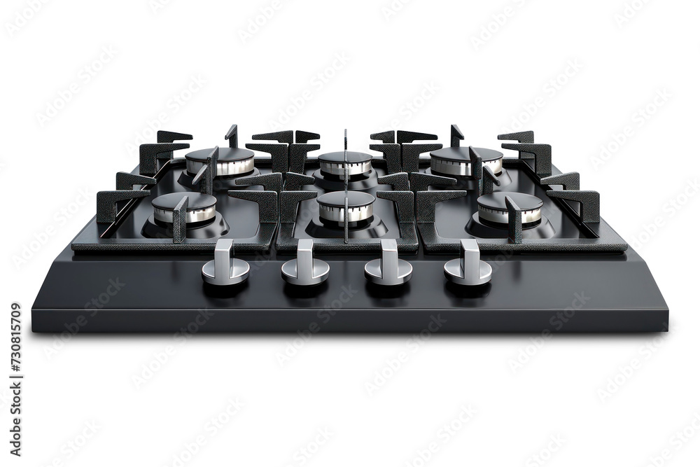 A gas stove built into the kitchen, featuring a black stove top with six burners, isolated on a white background. A gas stove built into the kitchen, featuring a black stove top with six burners, isolated on a white background.