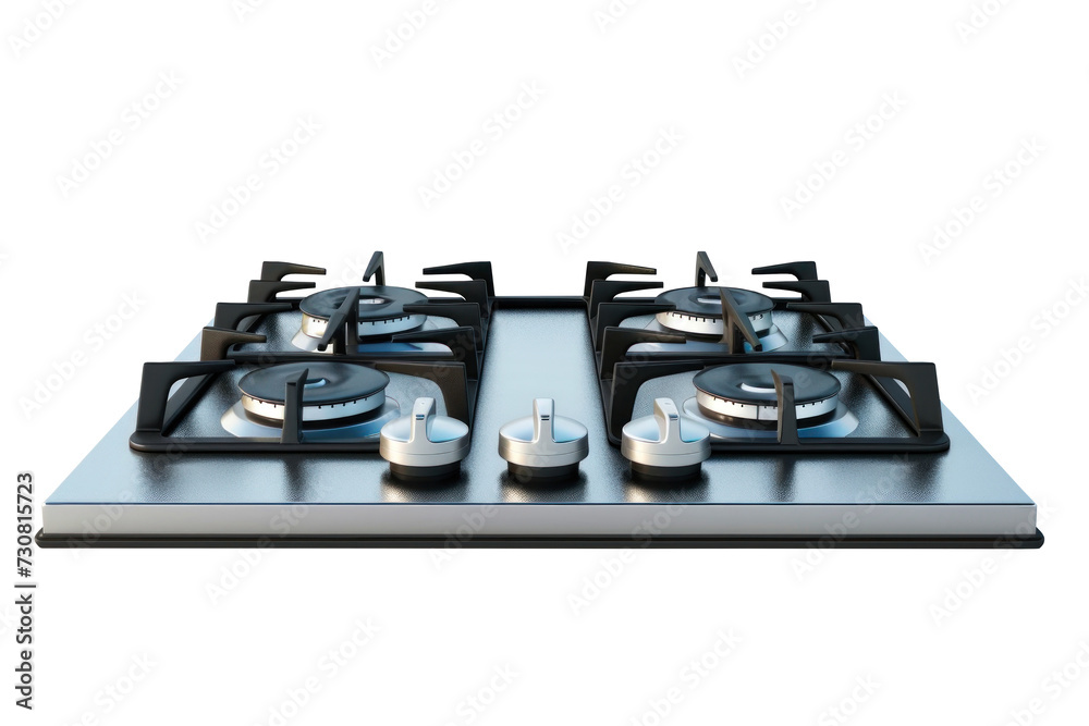 A stainless steel gas stove equipped with four burners, set in a built-in kitchen design, isolated on a white background.