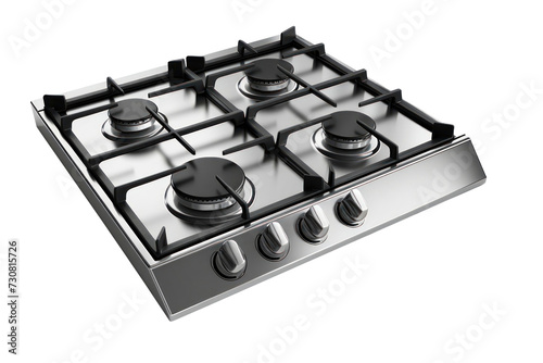 A gas stove, built into the kitchen and isolated on a white background, featuring four burners.