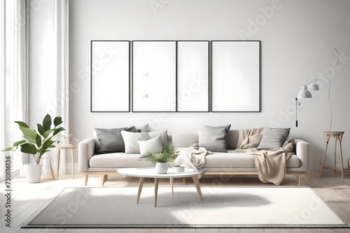A mock-up of a Scandinavian-style living room  highlighting simplicity in design with a white blank frame on the empty wall  offering a tranquil ambiance.