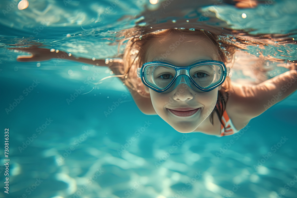 Child girl swim underwater in pool. Sport lesson