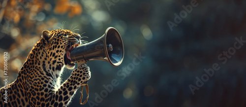 Leopard holding a loudspeaker and screaming. Yellow background with copy space.