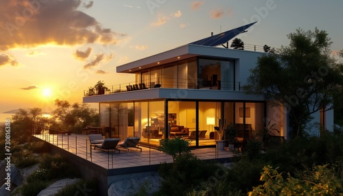 Modern house with solar panels on the roof at sunset.
