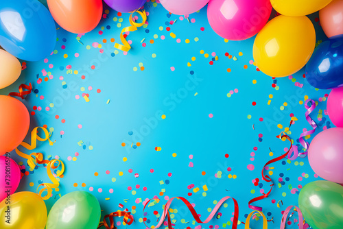 Festival, carnival or birthday party frame with balloons, streamers and confetti on colorful background with copy space