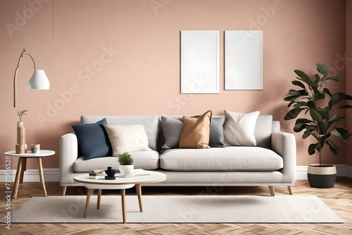 Experience the allure of a modern living room, featuring a Scandinavian-style sofa against a solid color wall, an empty wall mockup, and a white blank frame for customization.