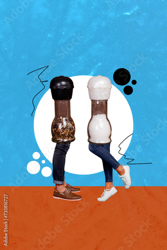 Vertical weird absurd photo collage of two people as salt and pepper shakers together caricature funny montage on creative background photo