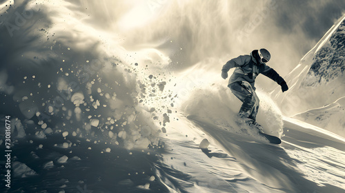 Snowboarder Carving Through Snowy Mountain Slope