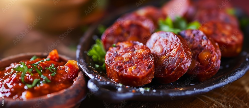 Close-up of Spanish tapas featuring chorizo sausage and tomato paste. Close-up of Spanish tapas featuring chorizo sausage and tomato paste.