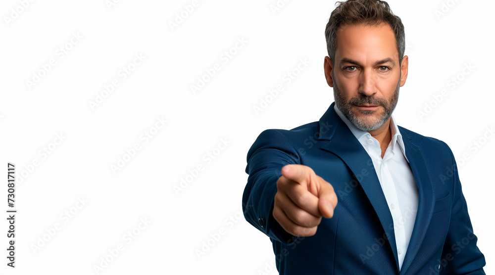 headless businessman in his forties, image cropped just below the neck, wearing a blue suit, no beard, well-groomed appearance, pointing at the camera with hand visible, white background, no blur, sha headless businessman in his forties, image cropped just below the neck, wearing a blue suit, no beard, well-groomed appearance, pointing at the camera with hand visible, white background, no blur, sha