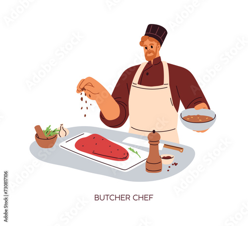 Butcher chef, cook preparing raw meat. Professional kitchen worker in culinar...