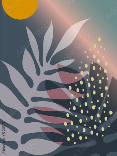 Tropical leaves and palm branches form a plant composition on a gradient blue background with a yellow sun. Vector.