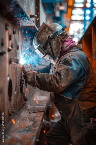 A skilled welder in protective gear, working diligently on a large metal construction