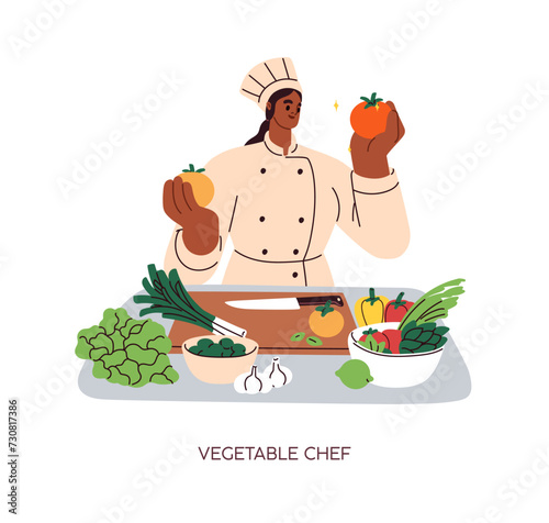 Chef cook preparing vegetables for cooking vegetarian dish. Culinary professional at cutting board with healthy veggies for vegan meal, salad. Flat vector illustration isolated on white background
