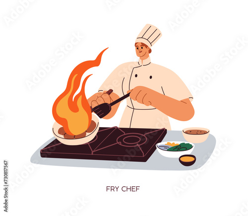 Chef cooking food on frying pan, heating with fire flame on cooker. Professio...
