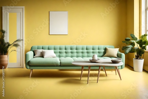Aesthetic balance in a room with a seafoam green sofa and a white coffee table against an empty soft yellow wall, embracing Scandinavian simplicity.