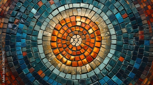 A circular mosaic tile wall with intricate design photo