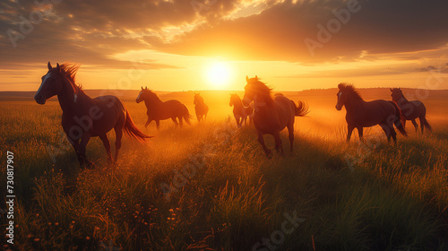 A majestic herd of wild brown horses galloping through a meadow at sunset, capturing the serene beauty of nature and freedom.