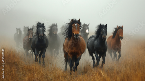 Herd of wild horses troting in the fog