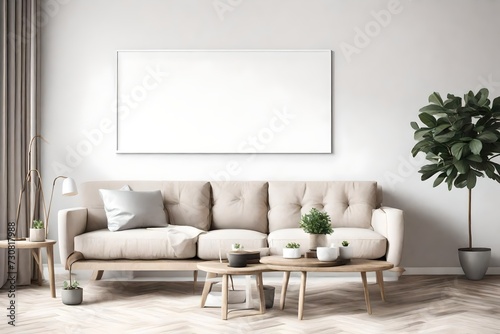 Transport yourself to tranquility with this living room mockup  boasting a minimalist sofa  an empty wall  and a white blank frame in a perfect blend of style and simplicity.