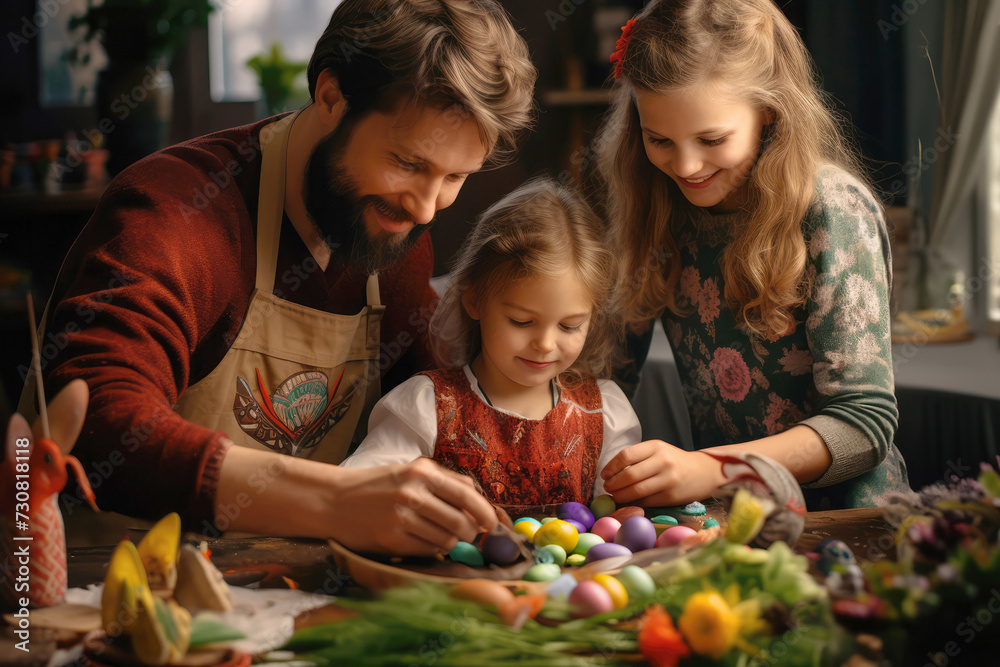 Obraz premium Father teacher and children decorate handmade toys or easter egg DIY at rustic wooden table. Country village style. Creativity in childhood with parents. Preparation for holiday family tradition