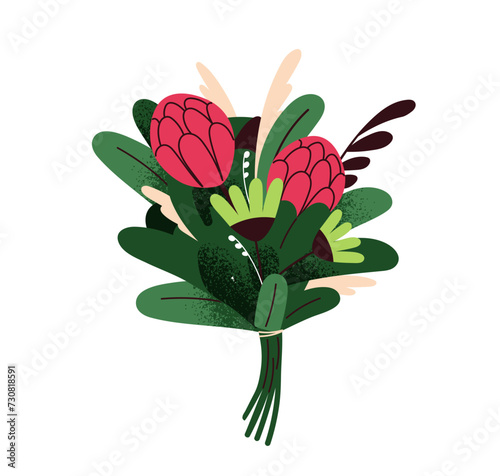 Spring flowers bunch. Summer floral bouquet, blossomed gift. Elegant cut garden blooms, modern gorgeous leaf plants, branches, buds, petals. Flat vector illustration isolated on white background