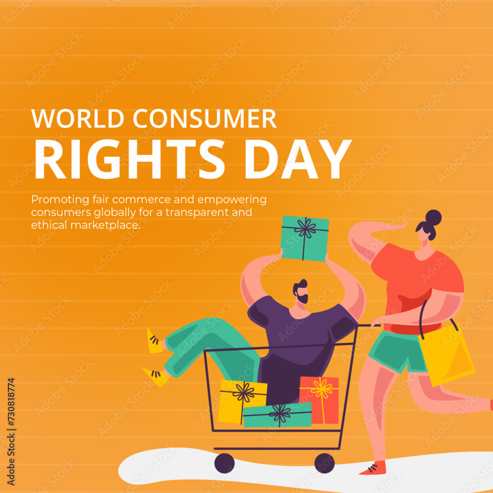 Naklejka premium World Consumer Rights Day Poster - Shopping Cart: Promote World Consumer Rights Day with this informative poster featuring a shopping cart and a message about consumer rights