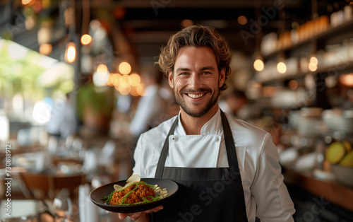 Portrait of a professional smiling waiter, restaurant environment photo