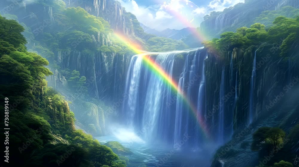 A surreal rainbow over a majestic waterfall. Fantasy landscape anime or cartoon style, seamless looping 4k time-lapse virtual video animation background A surreal rainbow over a majestic waterfall. Fantasy landscape anime or cartoon style, seamless looping 4k time-lapse virtual video animation background