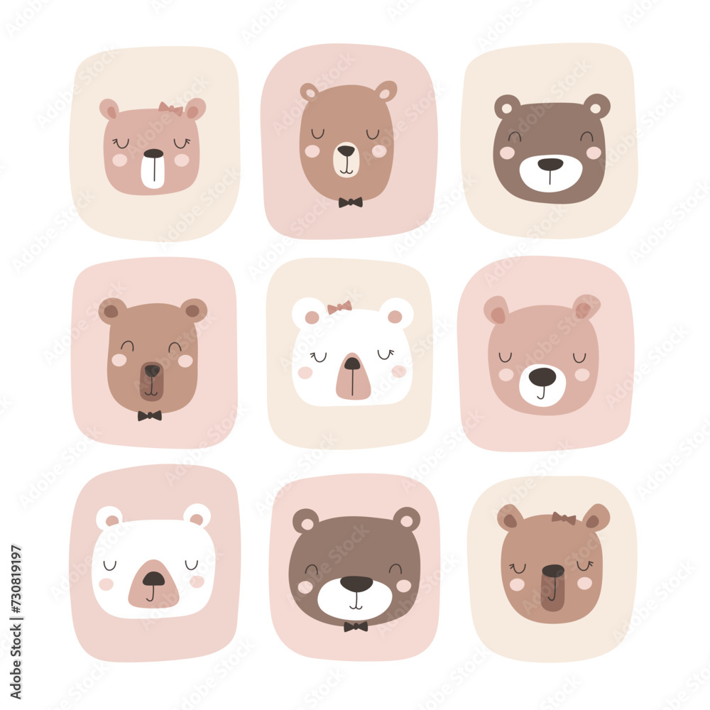 Set with cute face bear. Vector illustrations