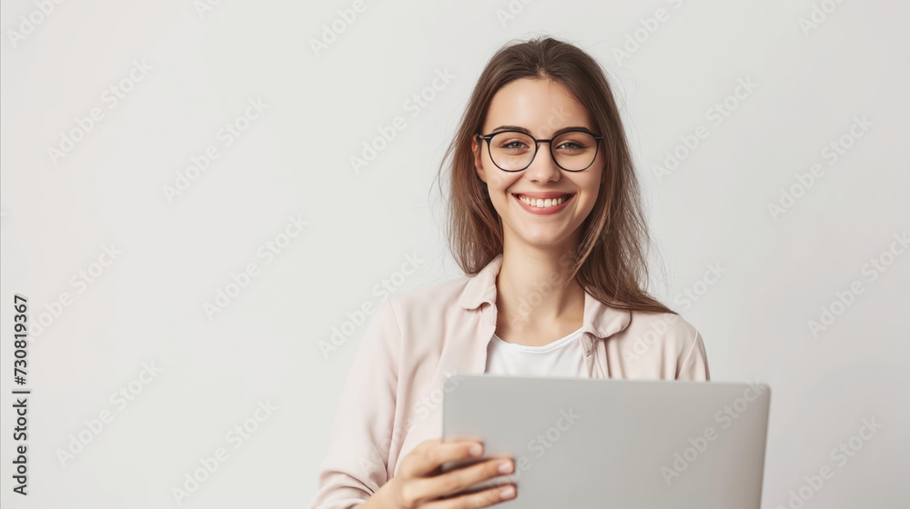 A woman wearing glasses holds a laptop computer while working or studying.