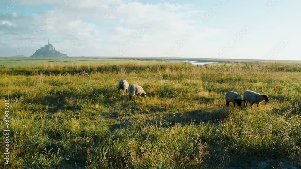 Sheep graze in the morning meadow with medieval castle Mont saint Michel, Normandy, France. Famous French gothic abbey on the island. Popular travel destination Sheep graze in the morning meadow with medieval castle Mont saint Michel, Normandy, France. Famous French gothic abbey on the island. Popular travel destination