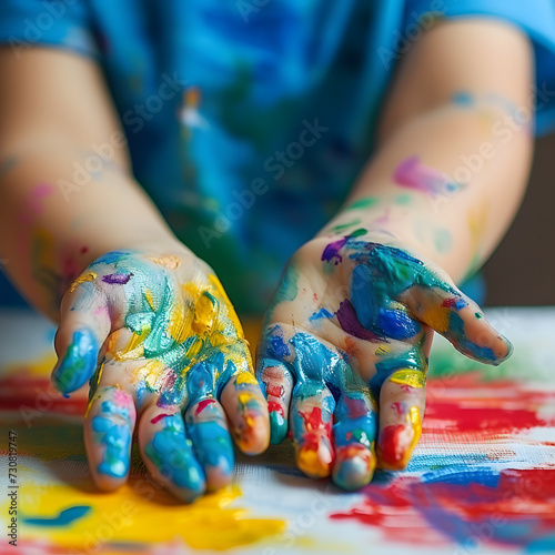 Creative Expression: Child's Paint Covered Hands in Art Therapy Session