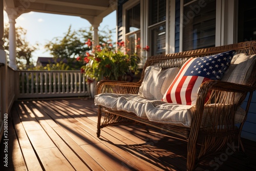 Charming traditional home with front porch decorated with the USA flag for the 4th of July