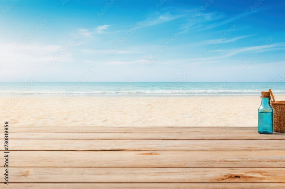 wood table top with empty space on summer beach wood table top with empty space on summer beach