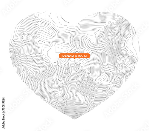 Vector background with black textured topographical contour of the highest mountain of the North America named Denali (Mount McKinley) forming a heart symbol. White background photo