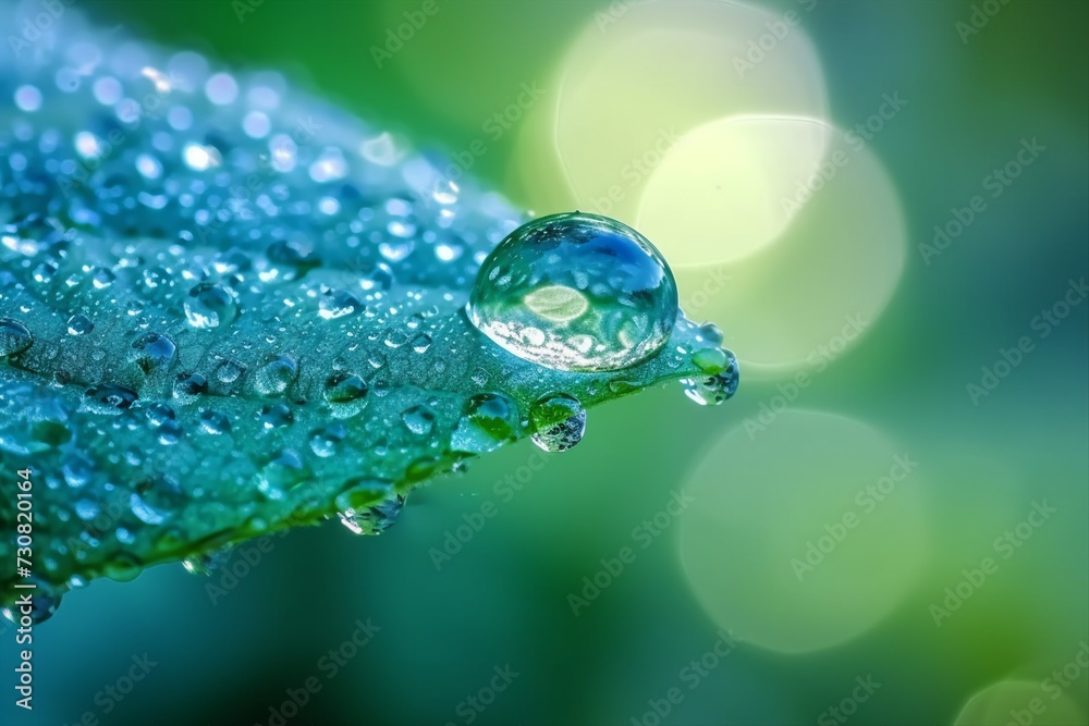 Large drop water reflects environment. Nature spring photography raindrops on plant leaf. Background image in turquoise and green tones with bokeh. generative ai. Large drop water reflects environment. Nature spring photography raindrops on plant leaf. Background image in turquoise and green tones with bokeh. generative ai.